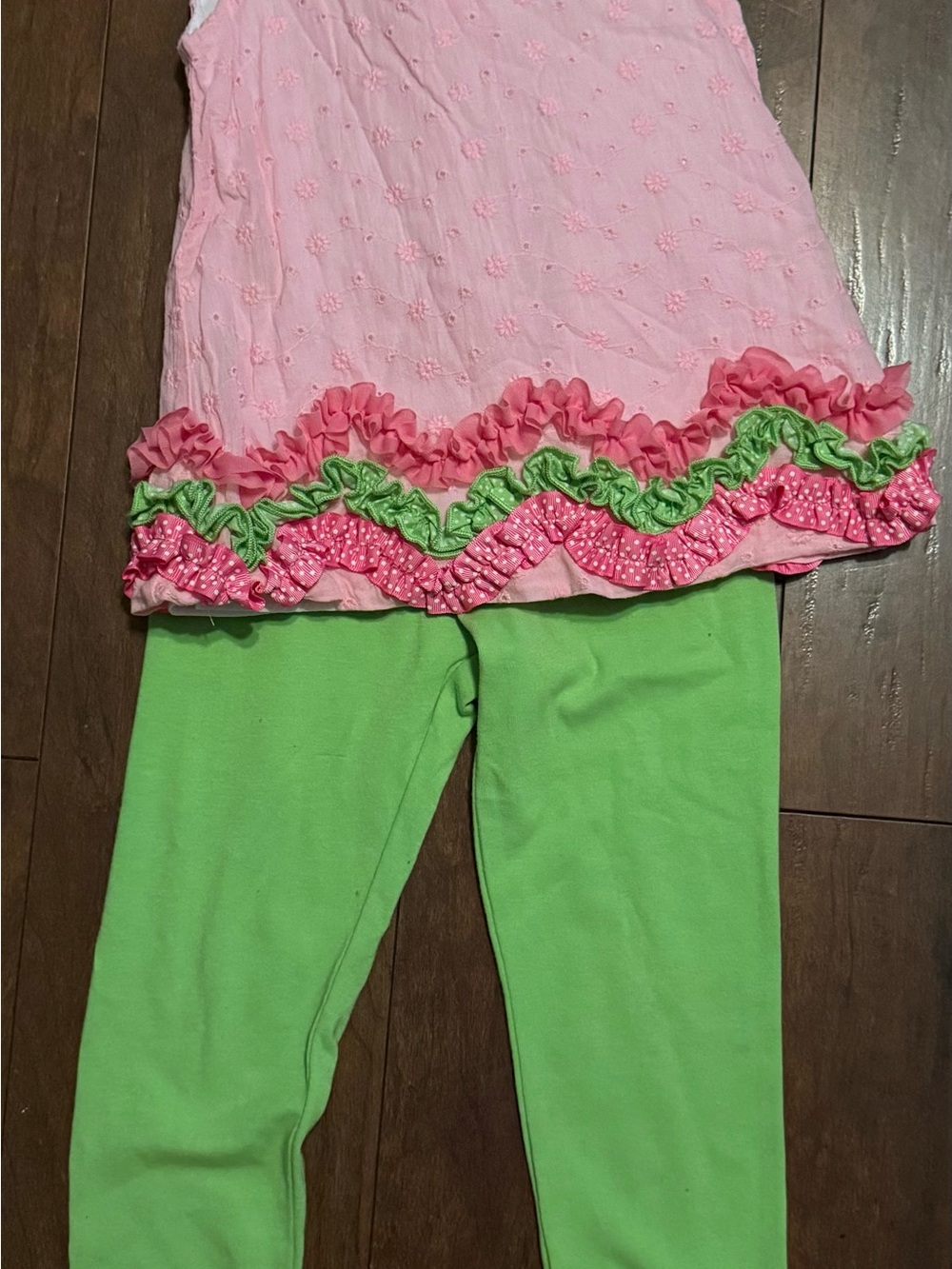 Rare Editions Pink & Green Ruffle Top with Green Leggings Kids Matching Set